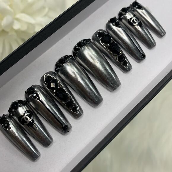 Black Bling Press On Nails | Handmade Press On Nails | Fake Nails - Picture 3 of 12